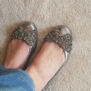 Tory Burch silver diamond bow slippers